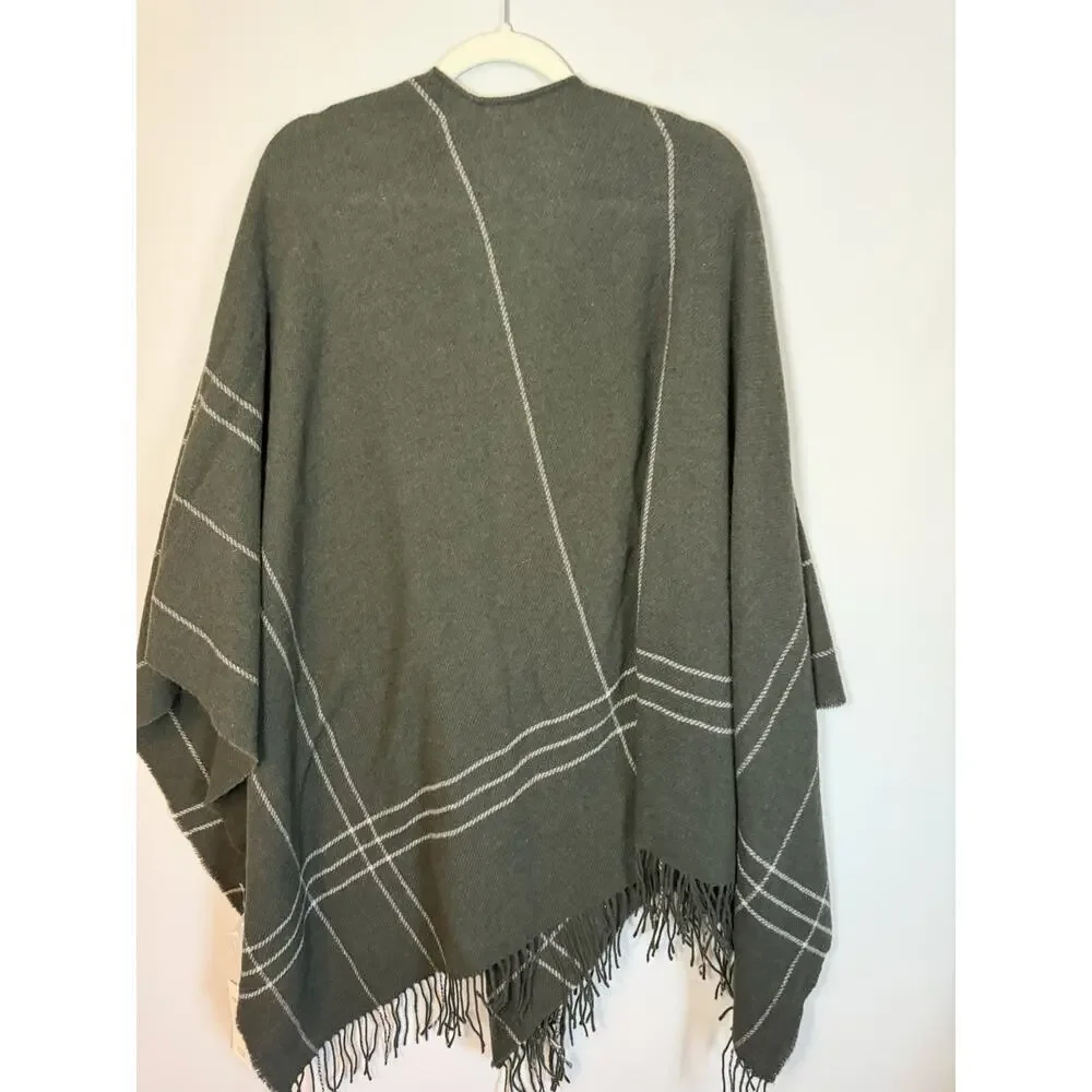 Eileen Fisher Wool Twill Green Plaid Wrap Fringe $188 NWT